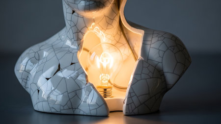 Torso showing torso sculpture lamp with cracked ceramic finish and glowing incandescent light...の写真素材