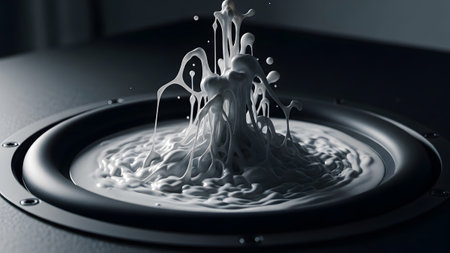 White liquid creates a turbulent dynamic vortex on a speaker cone with dramatic lighting effects.の写真素材