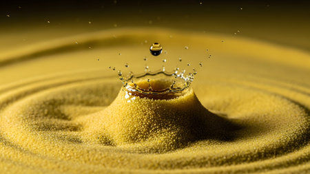 Sand showing water droplet crown splash in fine yellow sand with concentric ripples and bokeh....の写真素材