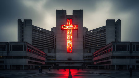 Stock showing wide angle view of brutalist architecture with red cross light display at dusk....