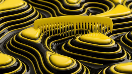A yellow comb sits on a glossy black and yellow liquid surface, its form echoed by undulating...の写真素材
