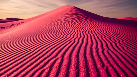 Vivid pink sand dunes display intricate ripple patterns under a soft, muted twilight sky...の写真素材