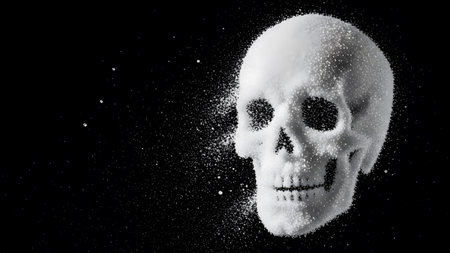 A white granular sugar skull sculpture with sugar crystals scattering around its head on a solid...の写真素材