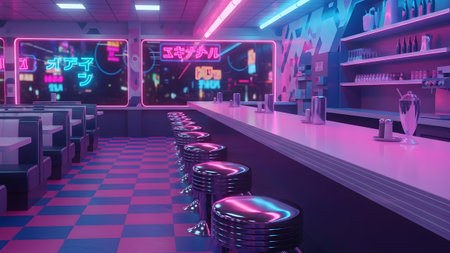 Stock showing vibrant retro diner with neon signs and bar stools in pink and blue hues.の写真素材