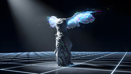 Statue showing winged victory of samothrace statue with digital glitching neon wings and...の写真素材