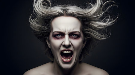 A woman with windblown white hair screams with mouth open, pale skin, and dark eye makeup.の写真素材