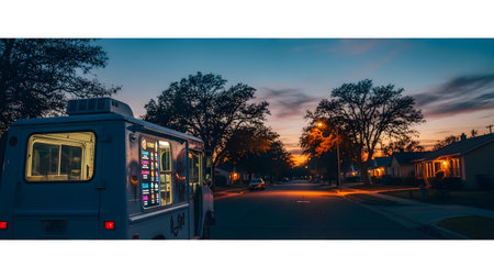 A white food truck with a glowing menu is parked on a suburban street during twilight, with...
