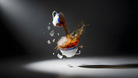 Splashing showing shattered porcelain teacup in mid-air with tea splashing out and fragments...の写真素材