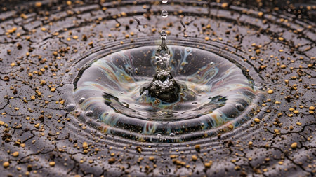 Colorful showing water droplet impacting surface with soil and colorful oil swirls.の写真素材