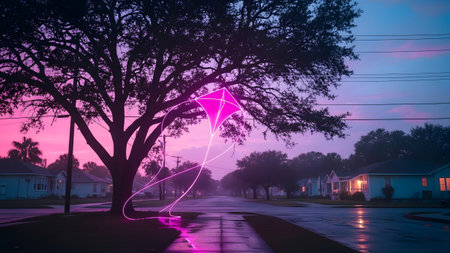 Showing vibrant neon kite on tree branch reflecting on wet street. resolutionの写真素材