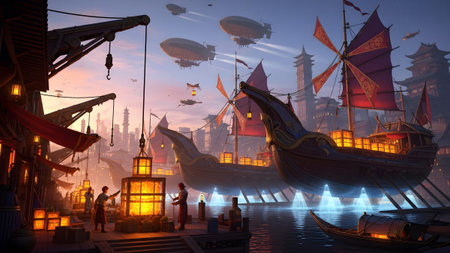 A twilight scene in a steampunk harbor with airships and traditional boats, illuminated by warm...の写真素材
