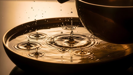 Close-up of water drops creating concentric ripples in a golden bowl against a dark, softly lit...の写真素材