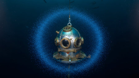 Vintage showing vintage diving helmet suspended underwater surrounded by a swirling school of...