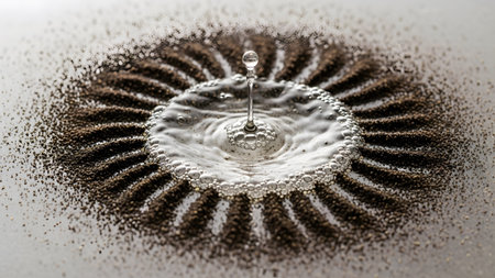 Sand showing water drop creating ripples in sand pattern with sunlight reflection.の写真素材