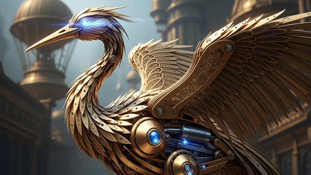 Bird showing steampunk mechanical bird with intricate golden gears and glowing blue eyes in a...の写真素材