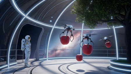 Observing showing astronaut observing drones harvesting red apples inside a futuristic space...の写真素材