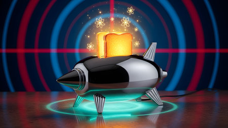 A shiny chrome rocket-shaped toaster with glowing toast and atomic symbols against a blue and...の写真素材