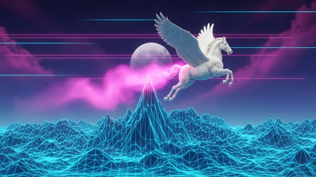 A white winged Pegasus horse flies through neon pink clouds and a large moon above blue...の写真素材