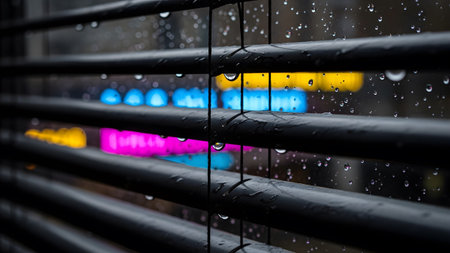 Dark showing water droplets on dark blinds with blurred yellow blue neon lights. resolution...の写真素材