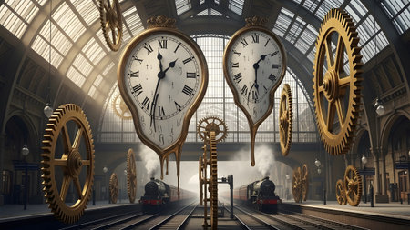 Train showing steampunk train station with melting clocks and trains on tracks. resolution...の写真素材