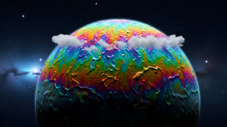 White planet with rainbow surface and fluffy white clouds in starry space....