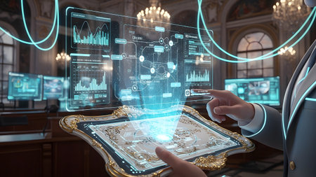 A person's hands touch a glowing blue holographic display showing complex data charts and...