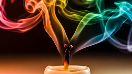 Vibrant rainbow colored smoke swirls in organic shapes above a burning candle wick on a light...の写真素材
