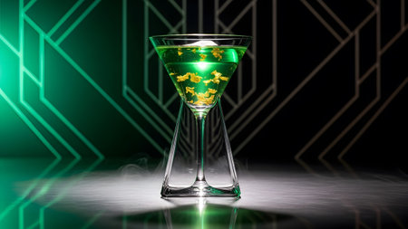 A vibrant green cocktail with gold flakes sits in a unique geometric glass, surrounded by smoke...