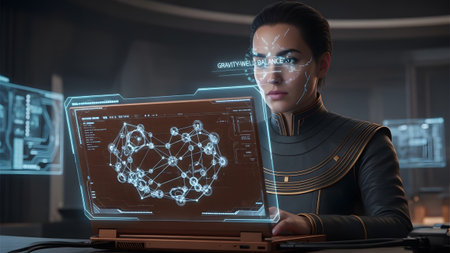Anchor showing woman in futuristic uniform examines holographic network diagram on a laptop...