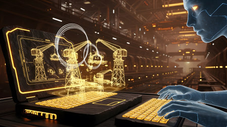 Laptop showing robot hands typing on a futuristic laptop displaying holographic cranes and...