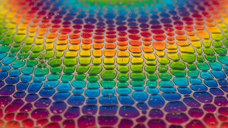 Stock showing macro view of rainbow colored liquid cells in a hexagonal grid with water...の写真素材