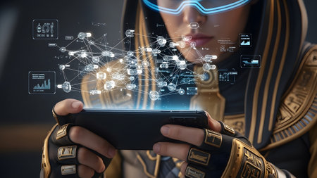 A person in a futuristic hooded outfit and gold gloves holds a smartphone displaying a complex,...の写真素材