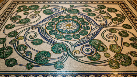 Patterns showing ornate mosaic floor featuring a central lotus flower surrounded by swirling...