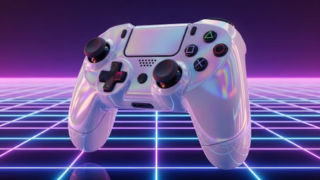 A pearlescent white game controller glows with an iridescent sheen against a vibrant neon grid...