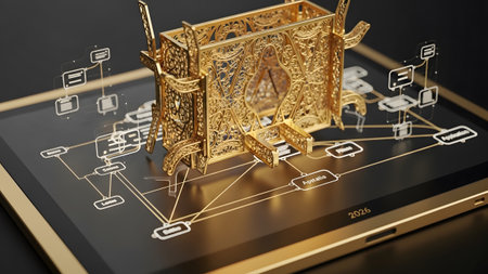 An ornate gold structure rests on a tablet screen with holographic data flow and network...