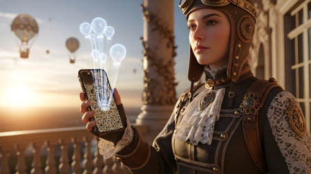 111230 showing woman in steampunk aviator outfit holding a smartphone displaying holographic...の写真素材