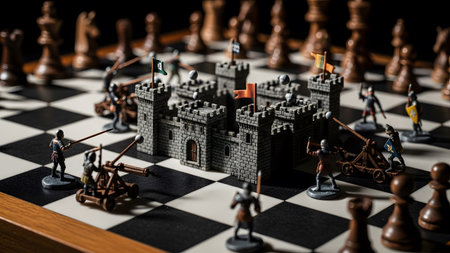 Soldiers showing miniature medieval castle with siege engines and soldiers on a chessboard with...の写真素材