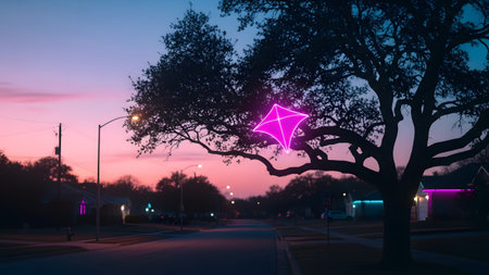 Stock showing neon kite illuminated on tree branch in suburban twilight sky. resolution...の写真素材