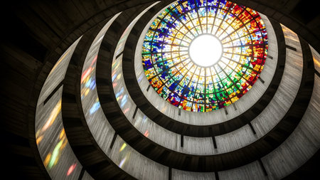 A view looking upwards through a concrete structure at a vibrant circular stained glass ceiling,...の写真素材