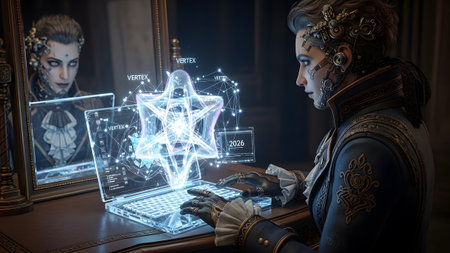 Uses showing woman with cybernetic implants uses holographic laptop displaying geometric star...