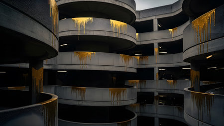 Stock showing multi-level concrete parking garage with dripping gold paint and shadows.の写真素材