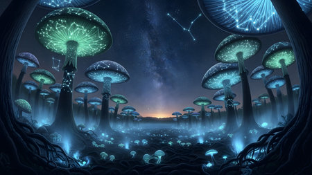 Stock showing enchanted forest of bioluminescent mushrooms under a starry night sky with...