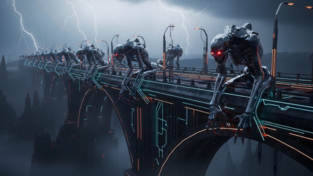 A line of metallic skeletal cyborgs with glowing red eyes crouch on a dark, futuristic bridge...の写真素材