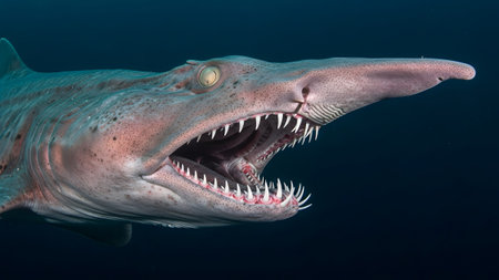 Long showing goblin shark with its mouth wide open revealing rows of sharp needle-like teeth...