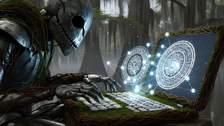 Laptop showing stone robot with vines using a laptop in a swamp with glowing digital symbols....の写真素材