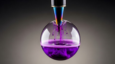 (2056) showing fountain pen nib dripping purple ink into a clear sphere filled with liquid.の写真素材