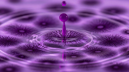 Patterns showing purple liquid drop creating fractal patterns in concentric water ripples with a...