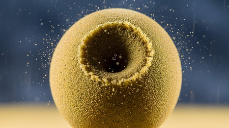 A close-up view of a textured yellow sphere with a central vortex and tiny particles falling...の写真素材