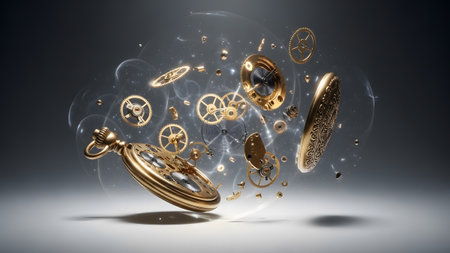 Space showing golden pocket watch and disassembled gears floating in a luminous ethereal space...