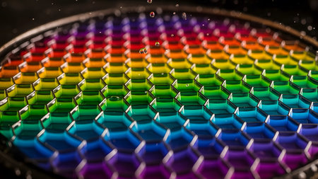 Stock showing rainbow colored liquid in a hexagonal grid with water droplets and bokeh...の写真素材